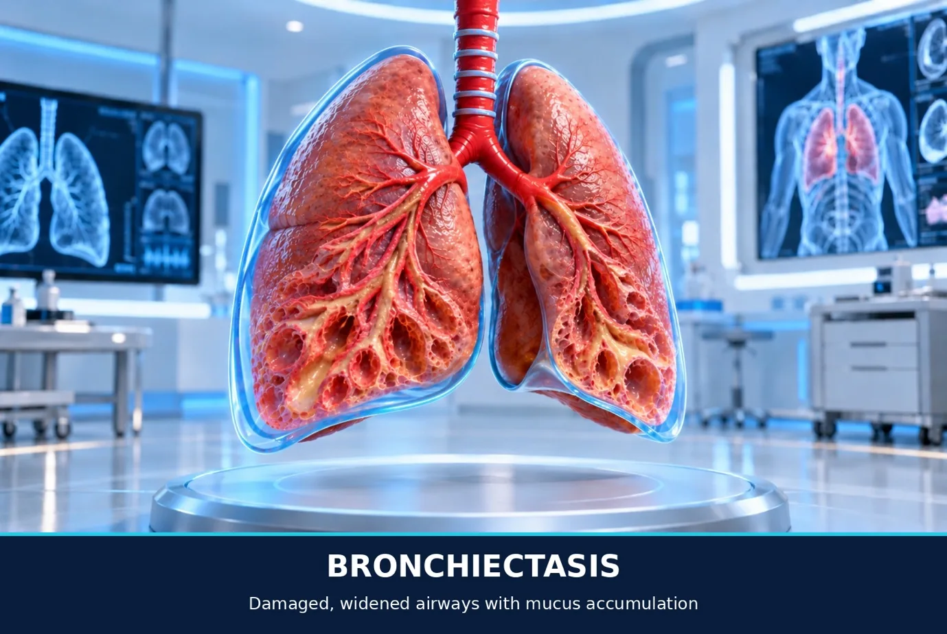 Illustration of bronchiectasis — damaged, widened airways with mucus
