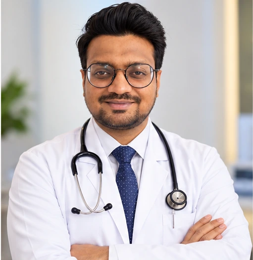 Dr. Satyam Agarwal, Consultant & Interventional Pulmonologist, in a white coat with a stethoscope